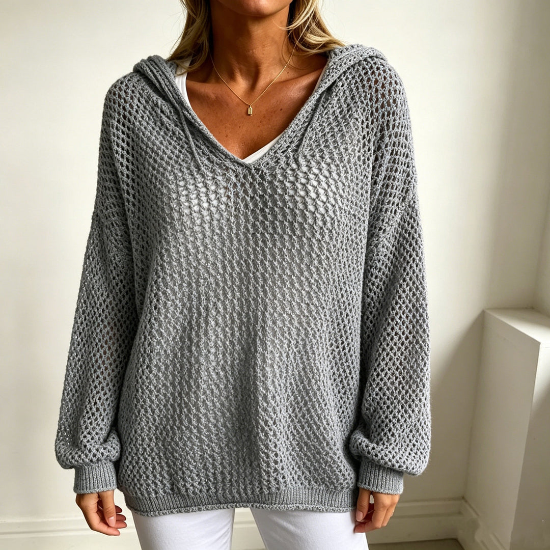 Women's Chunky Knit V-Neck Sweater with Hood and Lace Pattern Mune Fashion