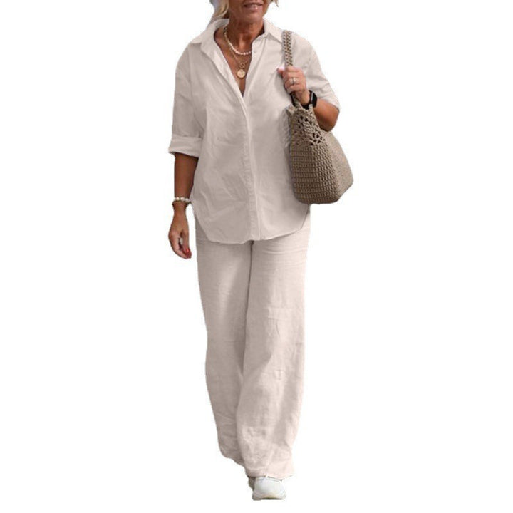Women's Lightweight Linen Loungewear Set with Open Shirt Collar and Wide Palazzo Pants Mune Fashion