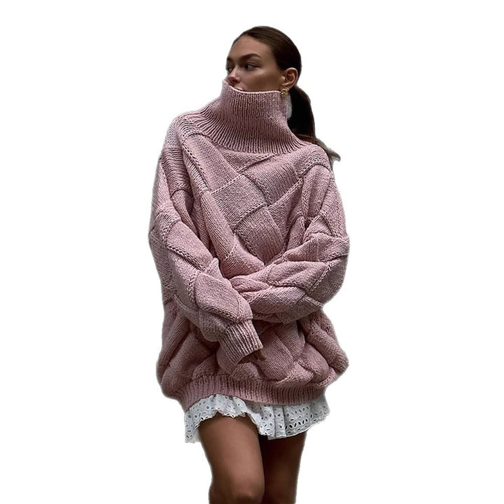 Women Oversize Knit Sweater with Roll Neck, Cable Pattern and Voluminous Balloon Sleeves Mune Fashion