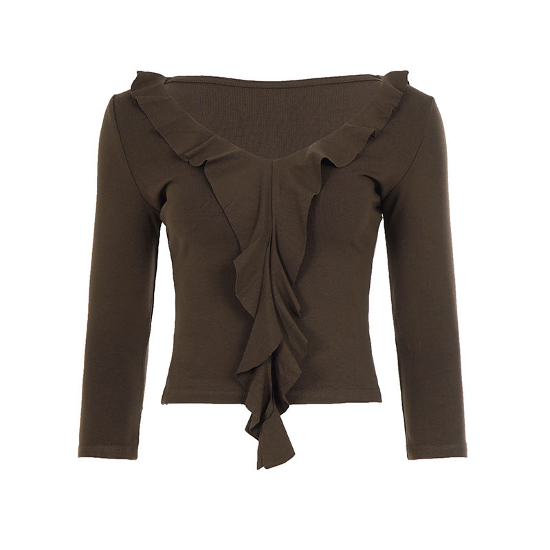 Women tailored long sleeve shirt with deep V-neck and inserted ruffle Mune Fashion