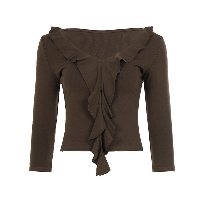 Women tailored long sleeve shirt with deep V-neck and inserted ruffle Mune Fashion