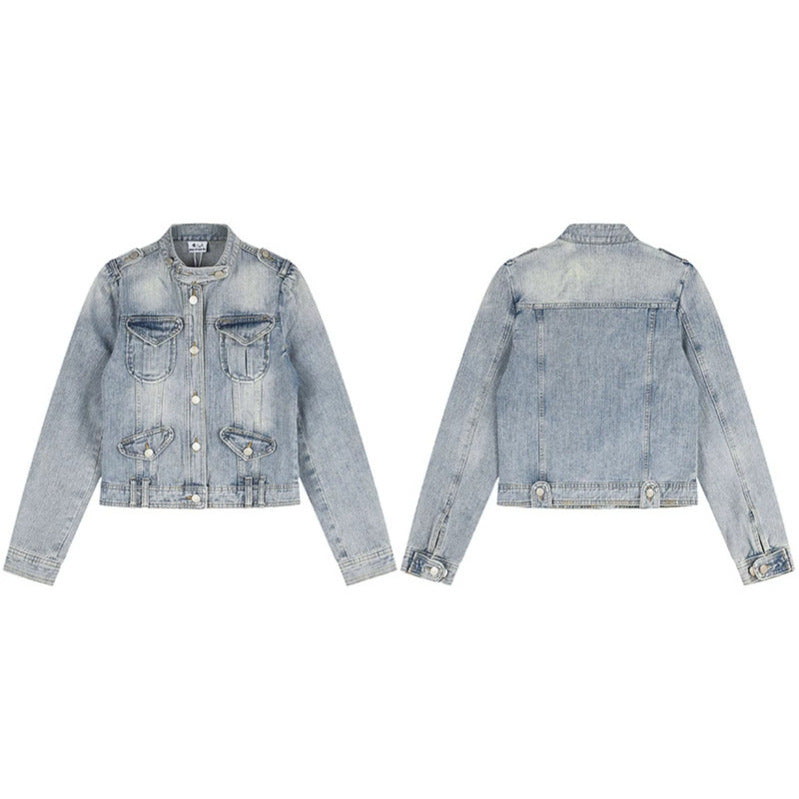 Women's Short Denim Jacket in Military Style with Stand Collar, Shoulder Epaulets and Flap Pockets Mune Fashion