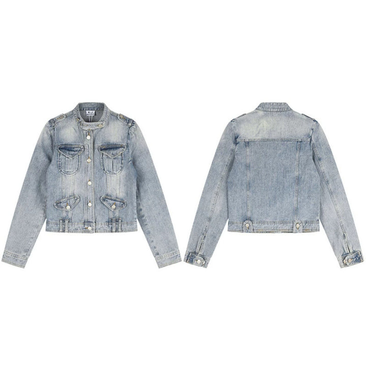Women's Short Denim Jacket in Military Style with Stand Collar, Shoulder Epaulets and Flap Pockets Mune Fashion