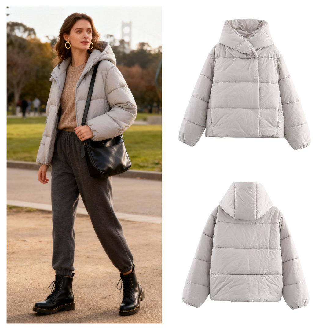 Women short cut oversized quilted jacket with high wrap collar and padded lining Mune Fashion