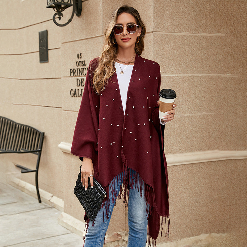 Women Cashmere-look Throw Poncho with Bead Application Mune Fashion