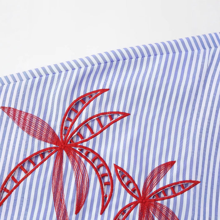 Women Oversized Shirt Blouse with Pinstripes, Palm Embroidery and Three-Quarter Sleeves Mune Fashion