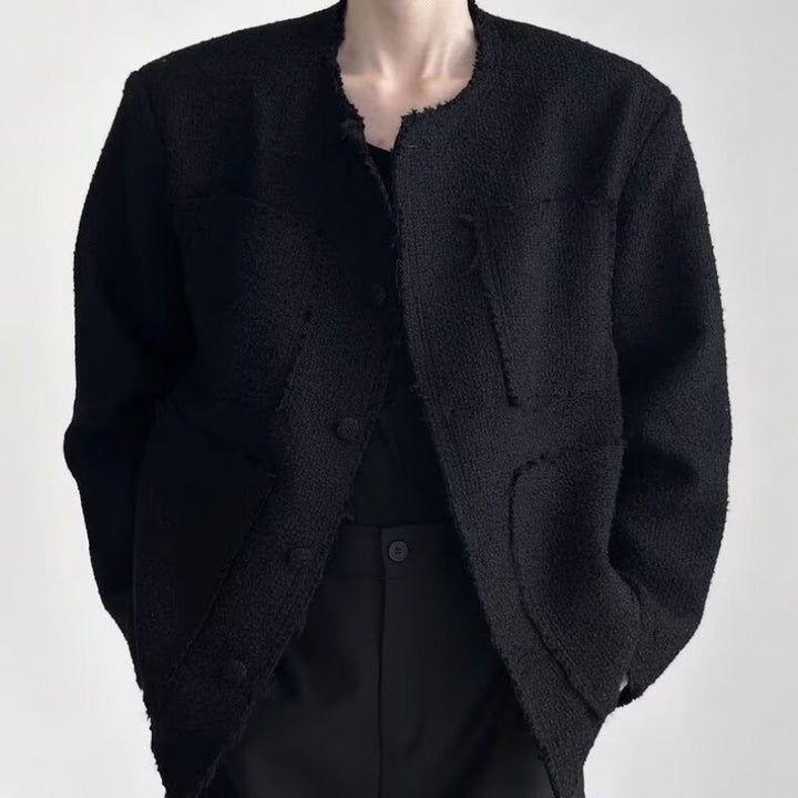 Women's Oversized Boucle Jacket without Collar with Patch Pockets and Raw Edge Details Mune Fashion