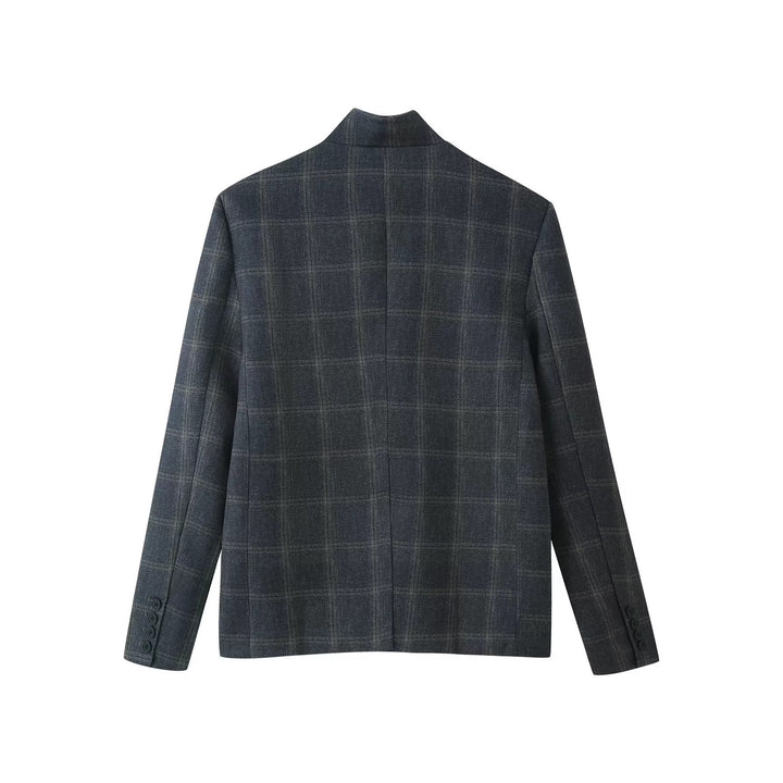 Women Checked Short Blazer with Stand Collar and Flap Pockets Mune Fashion