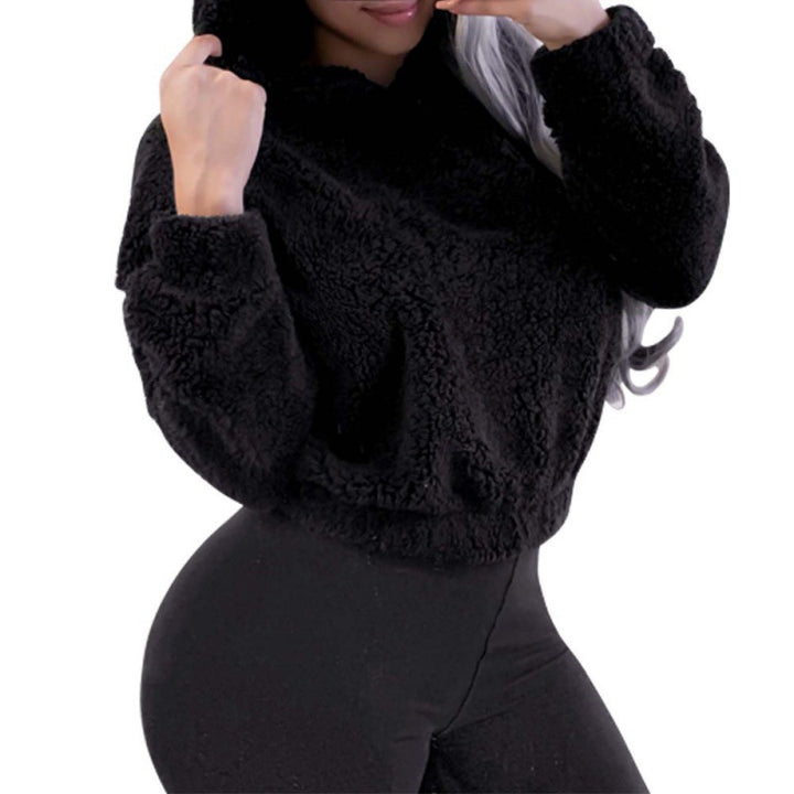 Women's Short Hooded Sherpa Pullover with Kangaroo Pocket and Elastic Hem Mune Fashion
