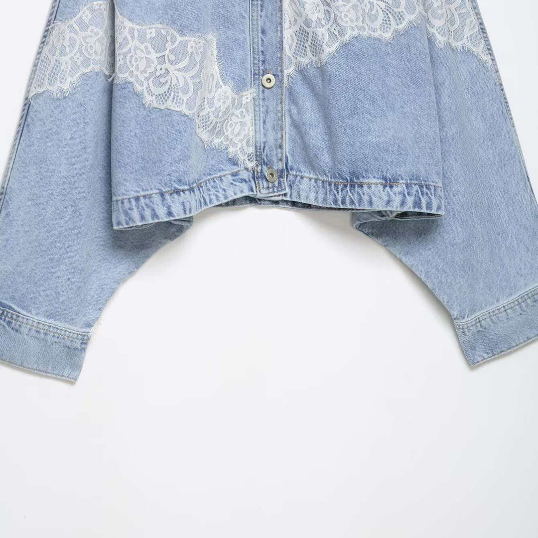 Women's oversized denim jacket with lace trim, boxy cropped cut, and dropped sleeves Mune Fashion