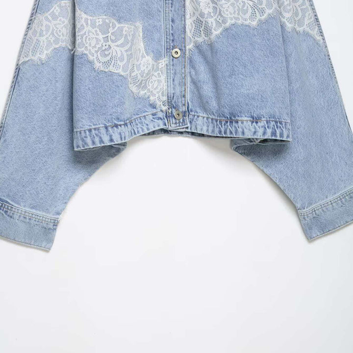 Women's oversized denim jacket with lace trim, boxy cropped cut, and dropped sleeves Mune Fashion