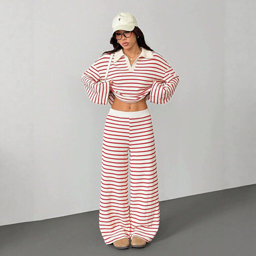 Women's Knitted Loungewear Set with Polo V Neck, Bell Sleeves, and Wide High-Cut Trouser Leg Mune Fashion
