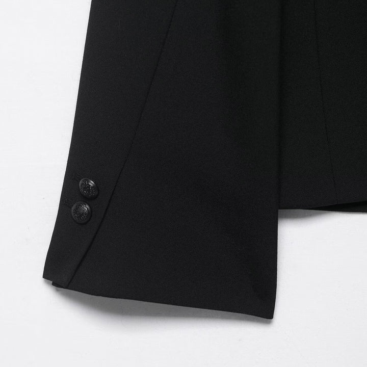 Women Two-Piece Suit Set with Short Blazer in Mandarin Collar and High-Waist Wide-Leg Pants Mune Fashion