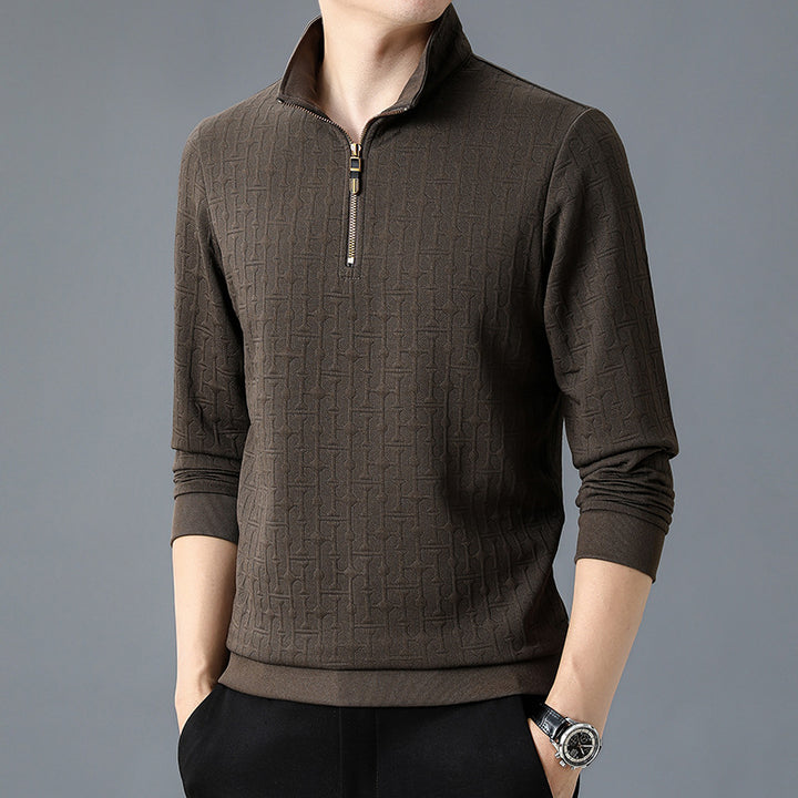 Men's Structure Jacquard Sweater with Short Zipper and Stand-Up Collar Mune Fashion