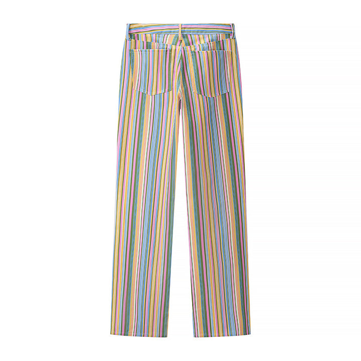 Women's Striped Straight Cut Pants with High Waist and Five-Pocket Design Mune Fashion