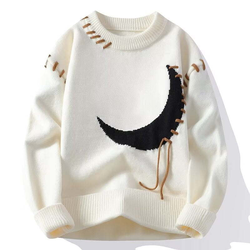 Women's Cozy Round Neck Sweater with Unique Moon Pattern Mune Fashion