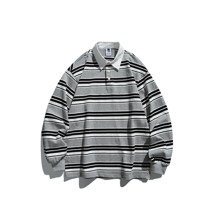 Unisex Oversize-Long Sleeve-Rugby Shirt with Contrast Collar and Distinctive Striped Pattern Mune Fashion