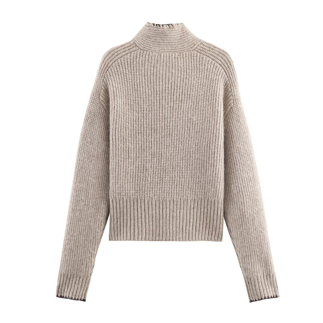 Women's Short-Cut Ribbed Knit Sweater with High Collar and Integrated Knot Scarf Mune Fashion