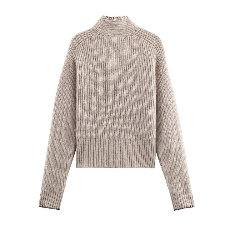 Women's Short-Cut Ribbed Knit Sweater with High Collar and Integrated Knot Scarf Mune Fashion