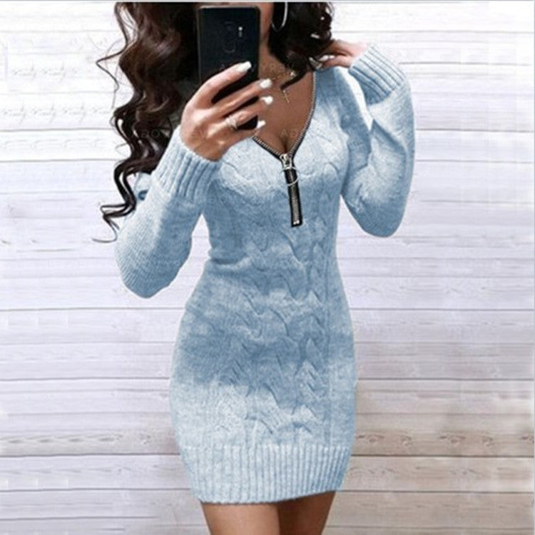 Ladies Knit Dress with Zipper and Cable Pattern Mune