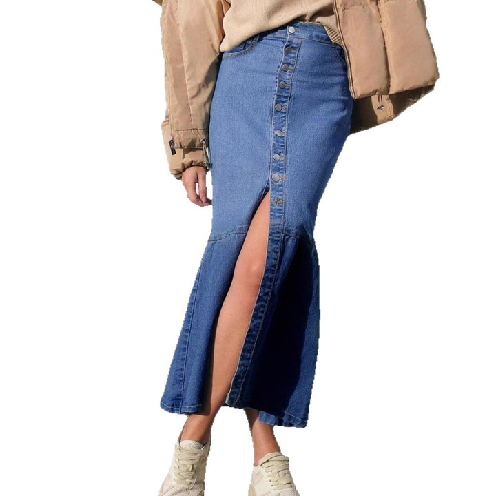 Women High-Waisted Maxi Denim Skirt with Continuous Button Placket and High Front Slit Mune Fashion