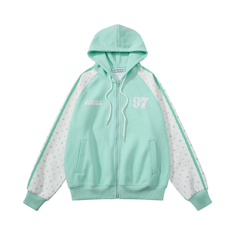 Women's hooded sweatshirt jacket with full zipper, raglan sleeves, and polka dot inserts Mune Fashion