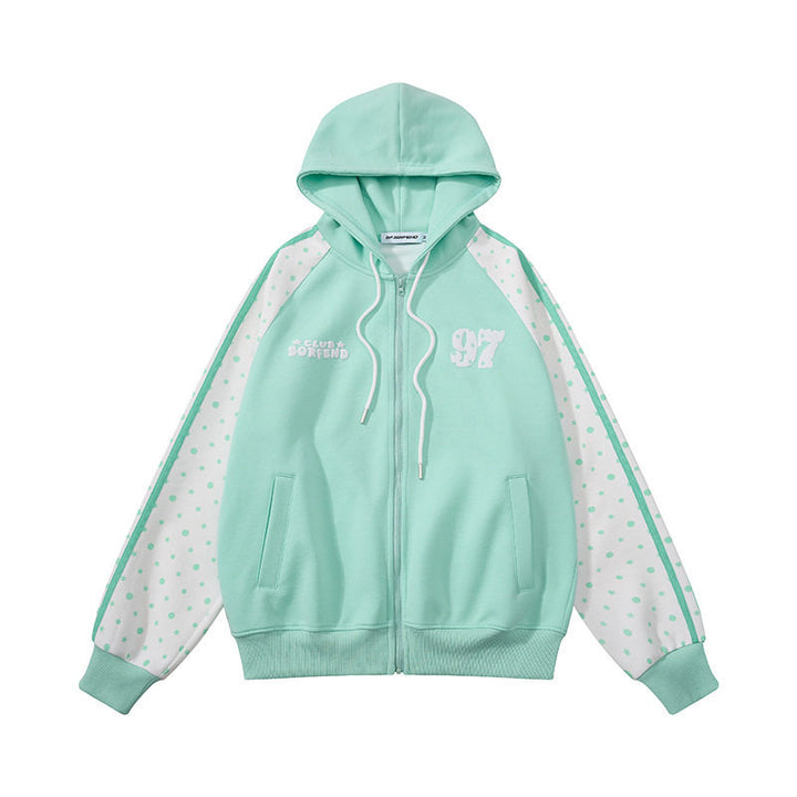 Women's hooded sweatshirt jacket with full zipper, raglan sleeves, and polka dot inserts Mune Fashion