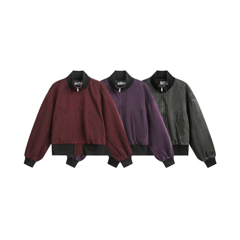 Unisex Short Cut Satin Bomber in Boxy Cut with Contrasting Ribbed Collar and Balloon Sleeves Mune Fashion
