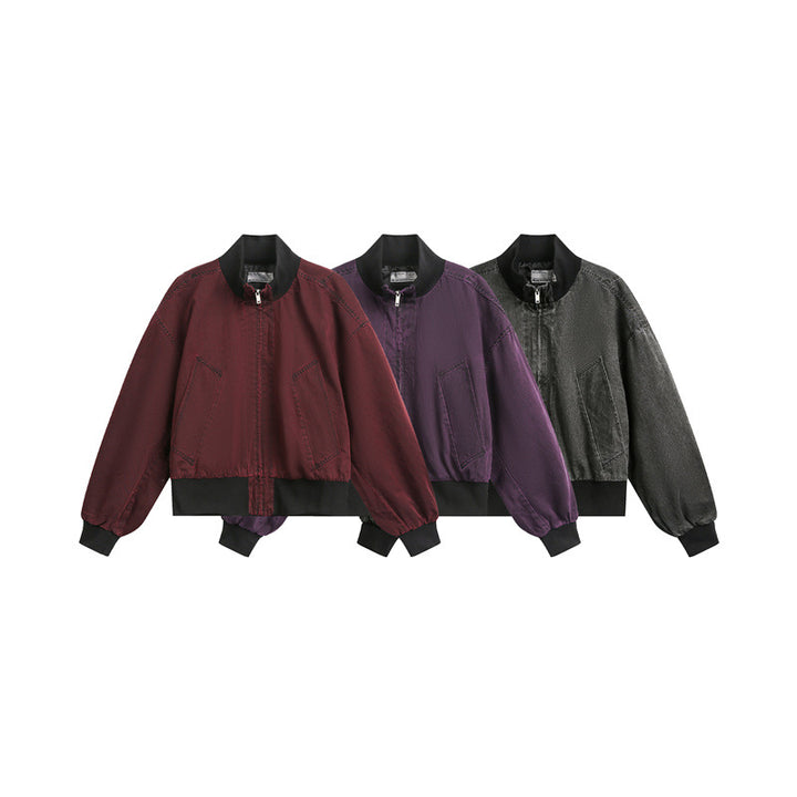 Unisex Short Cut Satin Bomber in Boxy Cut with Contrasting Ribbed Collar and Balloon Sleeves Mune Fashion