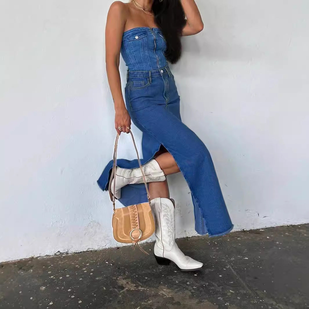 Ladies High-Waist Maxi Skirt made of Denim with front decorative seam and side leg slit Mune Fashion