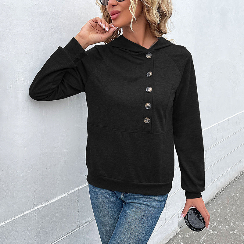 Women's hoodie with decorative button placket, raglan sleeves, and kangaroo pocket Mune Fashion