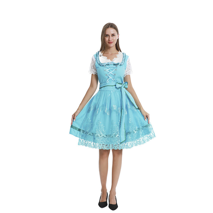 Women's romantic alpine dress with laced bodice, lace insert, and waist belt Mune Fashion