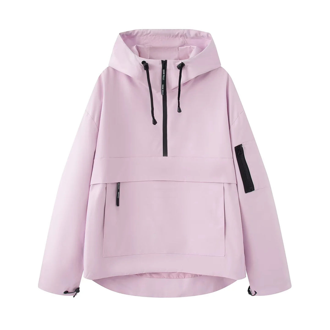 Women's windproof anorak pullover jacket with hood, half zipper, and large kangaroo pocket Mune Fashion