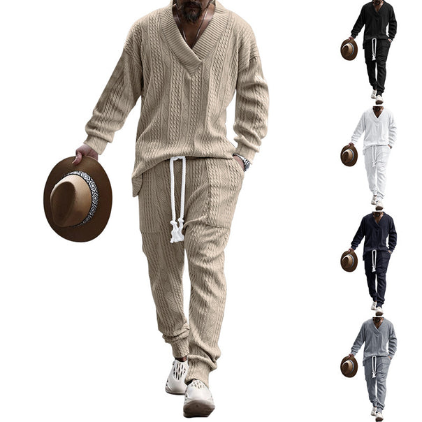 Men's comfortable cable knit set with deep V-neck, drawstring joggers and cuff Mune Fashion