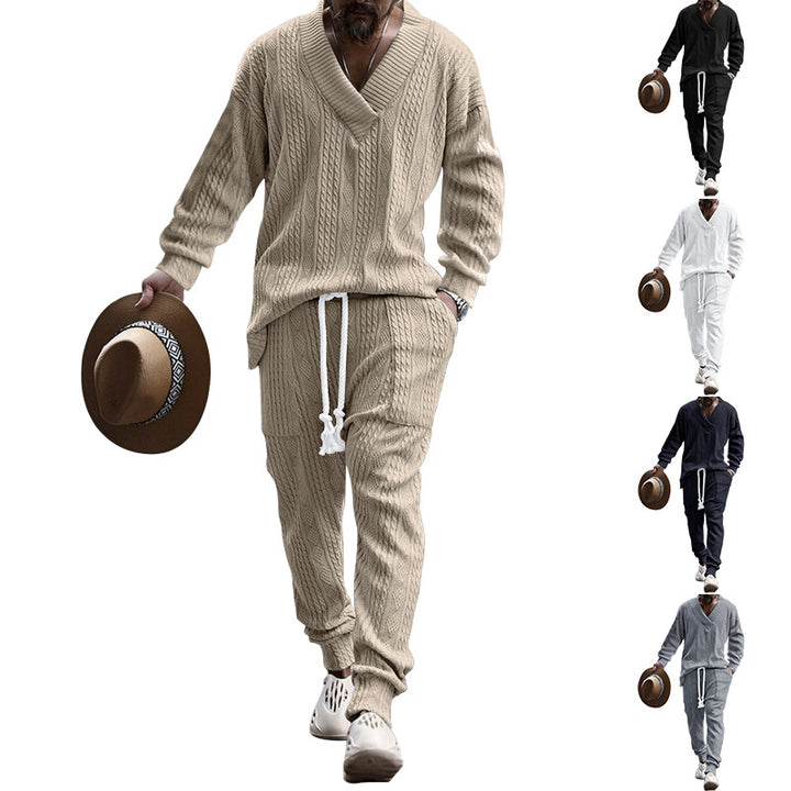 Men's comfortable cable knit set with deep V-neck, drawstring joggers and cuff Mune Fashion