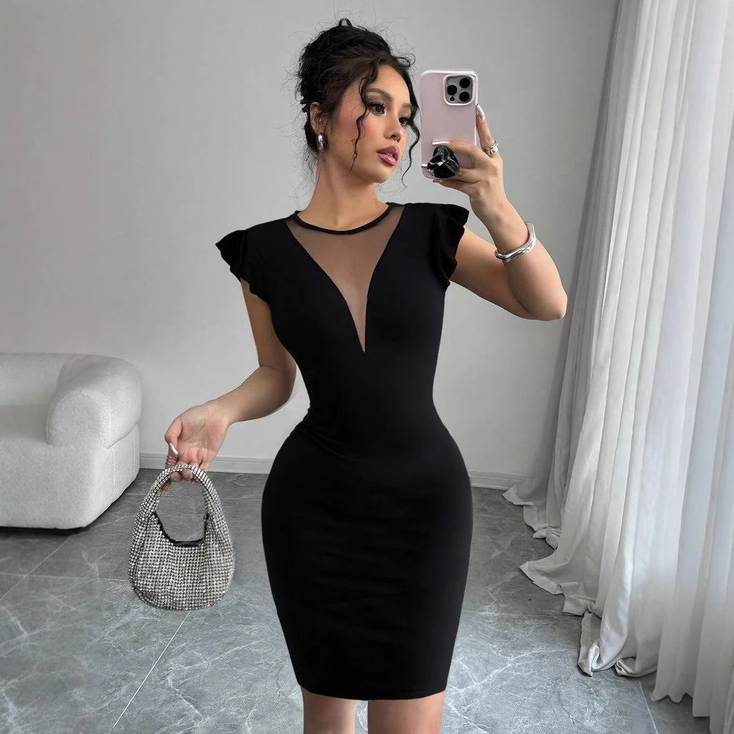 Women's fitted sheath dress with transparent V-net insert and ruffle sleeves Mune Fashion