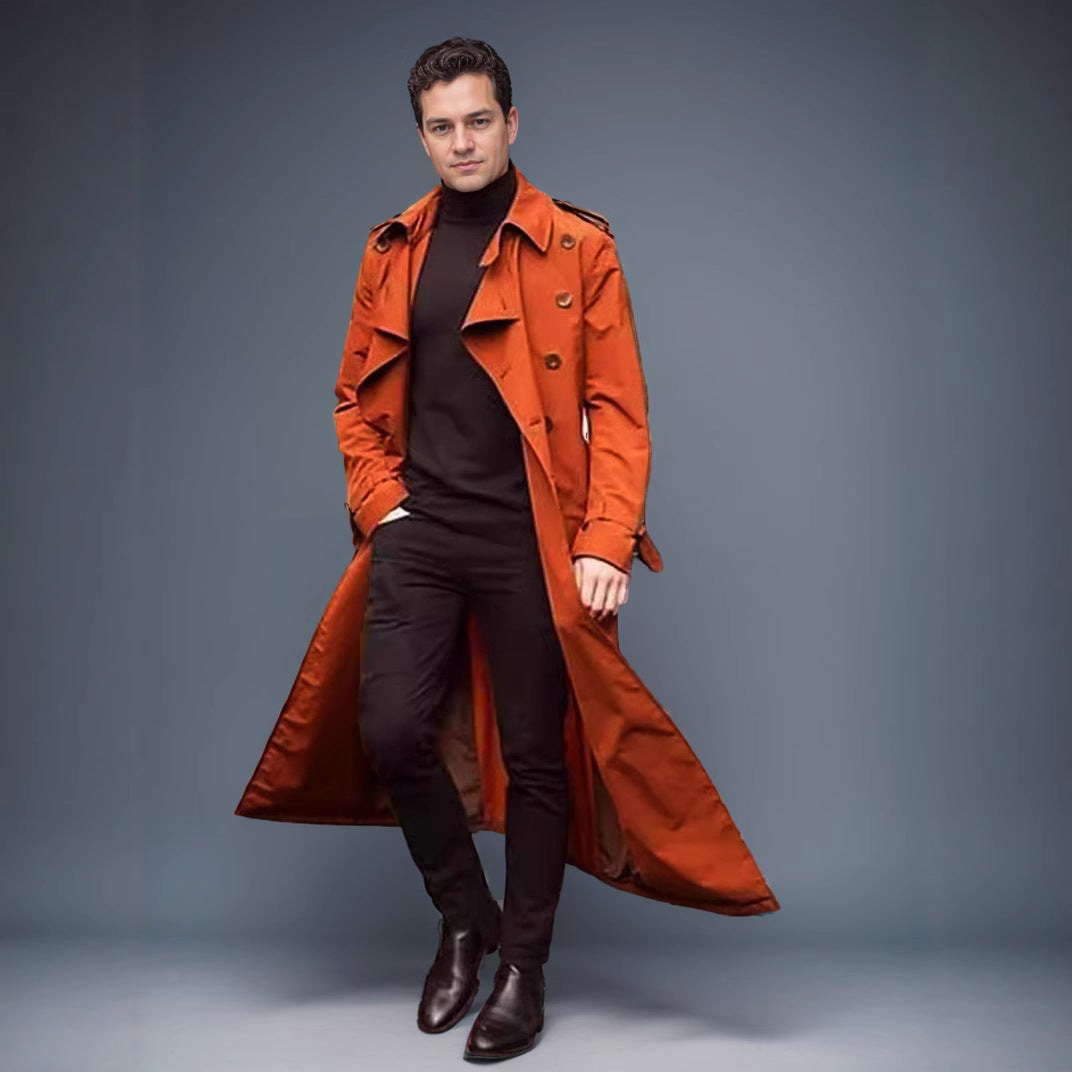 Men's Water-Repellent Long Trench Coat with Double Button Placket, Shoulder Epaulettes, and Adjustable Waist Belt Mune Fashion