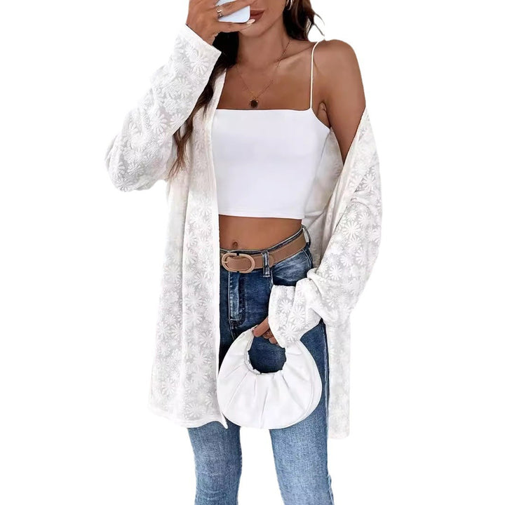 Women's fine embroidered long cardigan made of semi-transparent lace with floral textured relief Mune Fashion