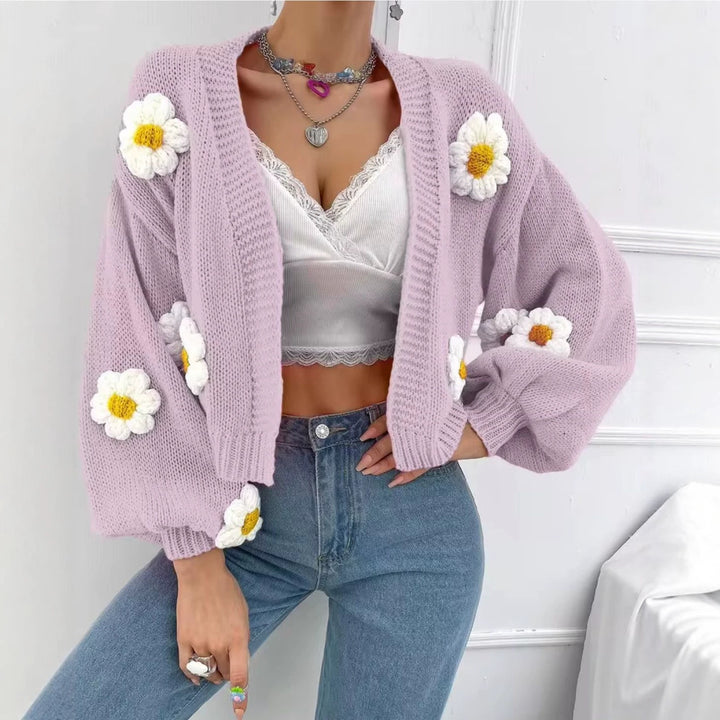 Women's Short-Cut Chunky Knit Cardigan with 3D Flower Applications Mune Fashion