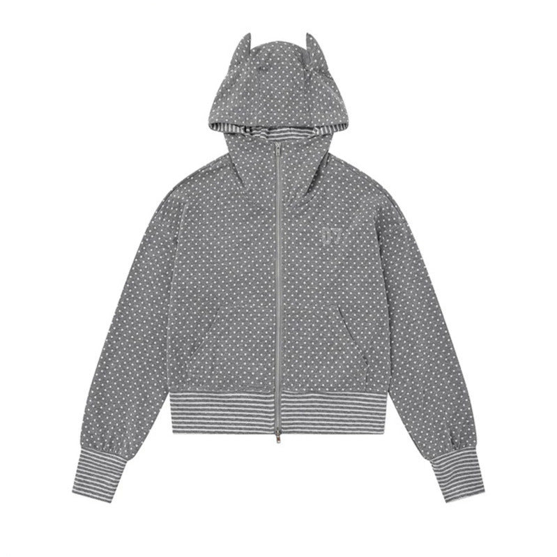 Ladies Hooded Sweat Jacket with Zipper, Ear Application and Allover Dots Mune Fashion