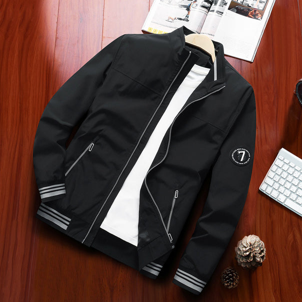Men's Lightweight Windbreaker Blouson with Stand Collar, Zipper Pockets and Striped Ribbed Cuffs Mune Fashion