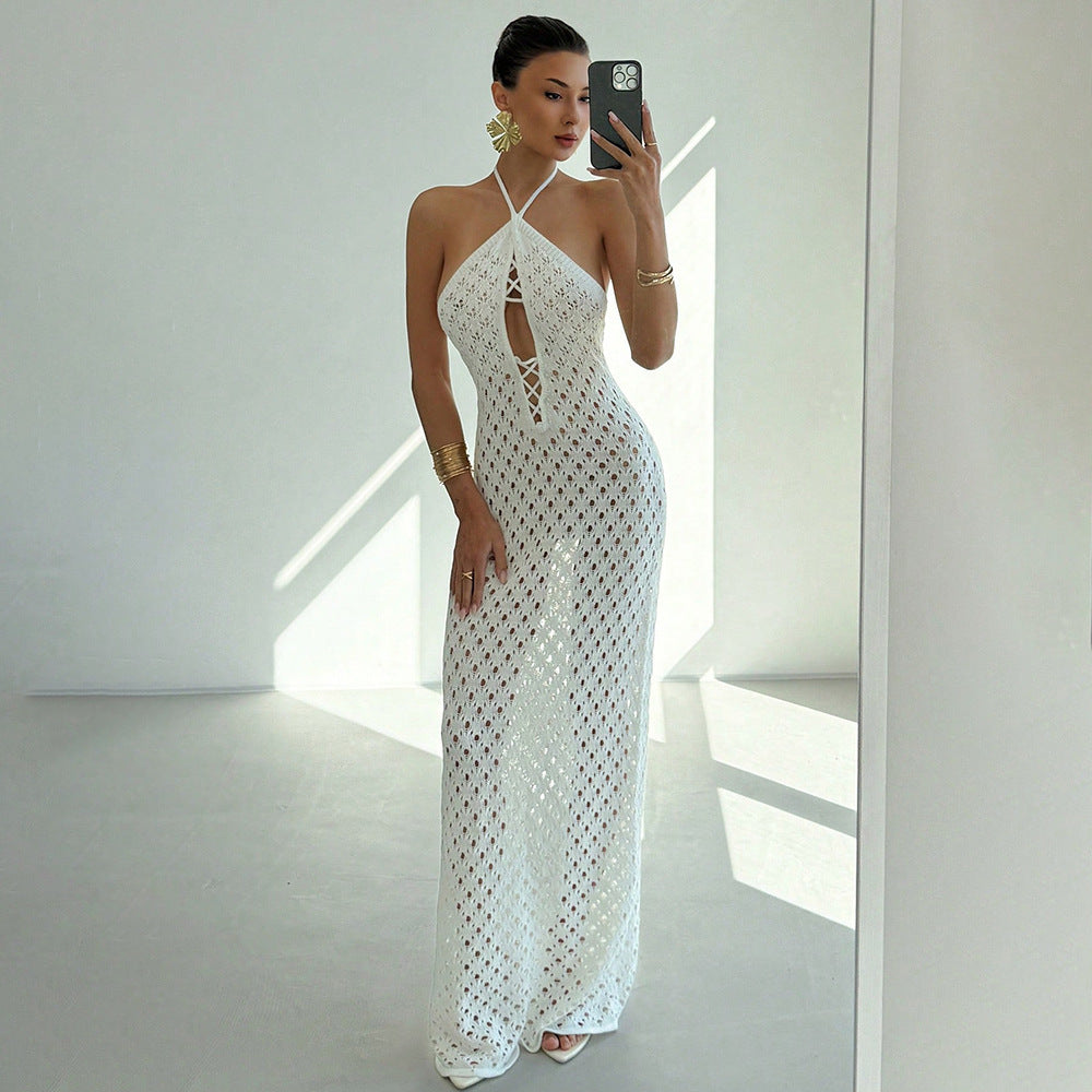 Women Crochet Maxi Dress with Deep Neckline Mune Fashion