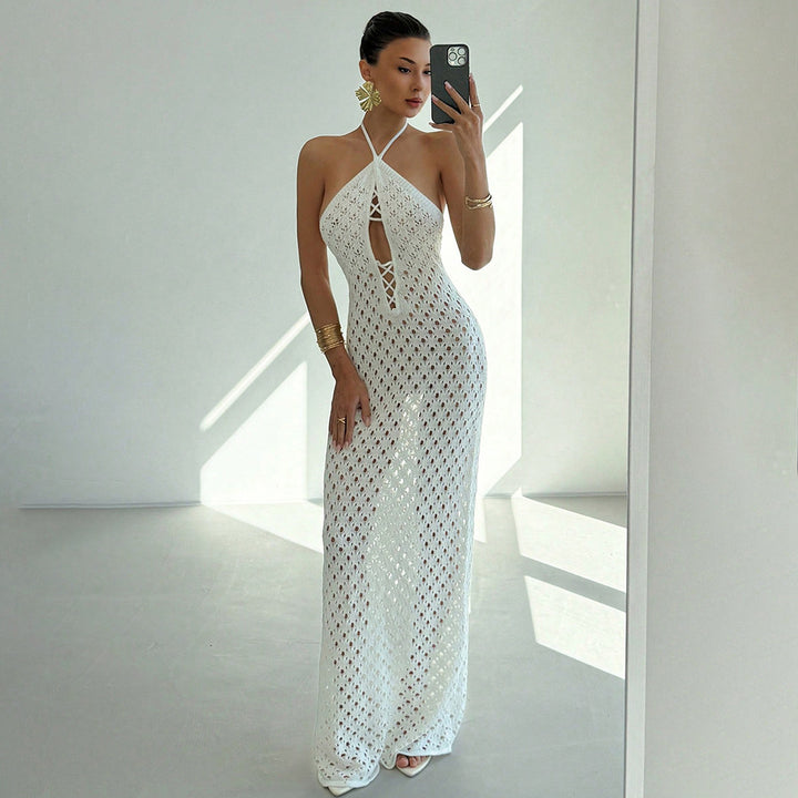 Women Crochet Maxi Dress with Deep Neckline Mune Fashion