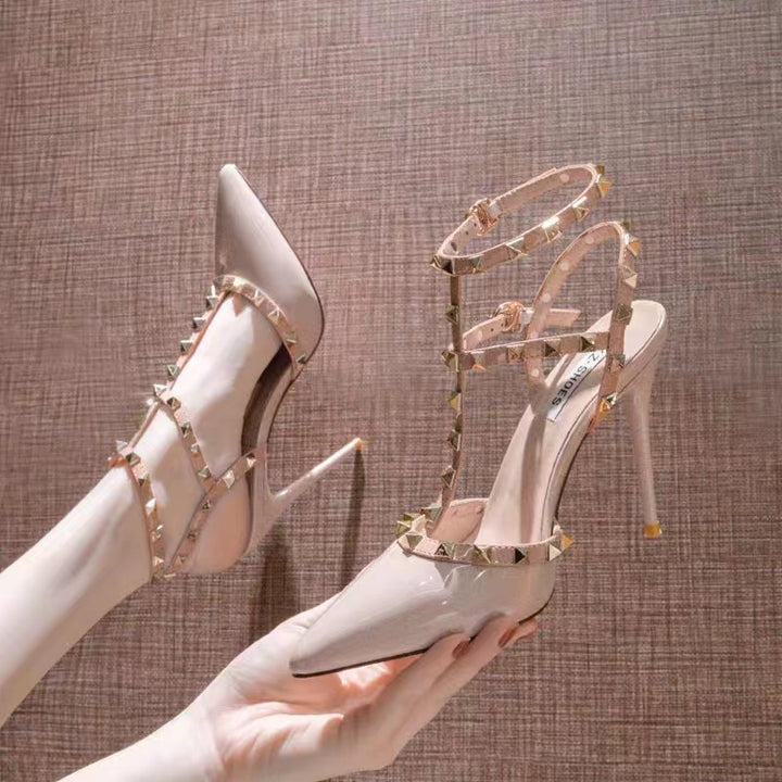 Women's Lace T-Strap Stiletto Sandal with Pyramid Studs and Adjustable Ankle Strap Mune Fashion