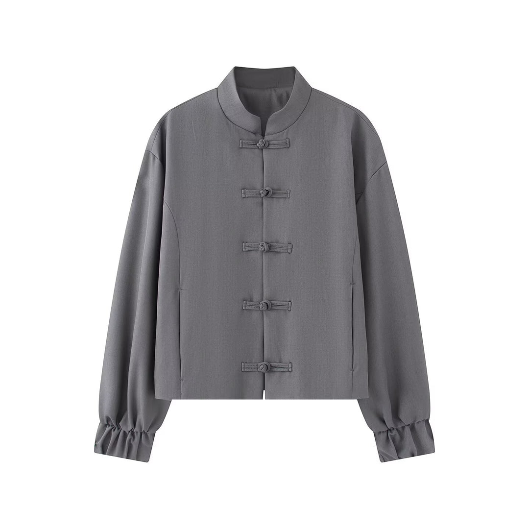Women's Short Boxy Jacket with Stand Collar and Knot Closure Details Mune Fashion