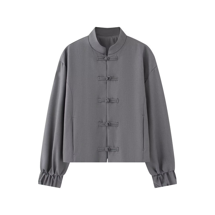 Women's Short Boxy Jacket with Stand Collar and Knot Closure Details Mune Fashion