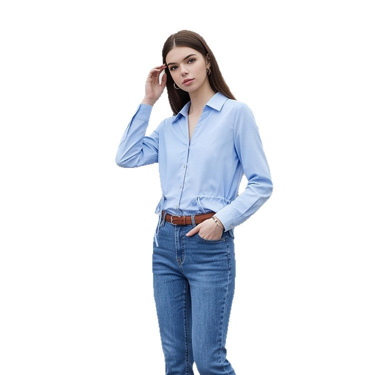 Women Lightweight Blouse with Drawstring Waist and Classic Shirt Collar Mune Fashion