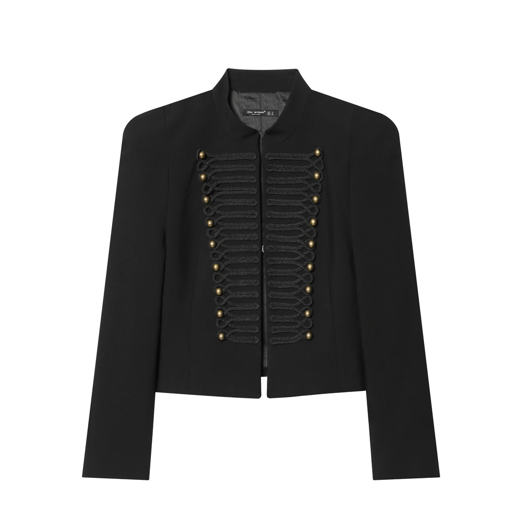 Women's short jacket with military-inspired design, featuring decorative cord trim and stand-up collar Mune Fashion