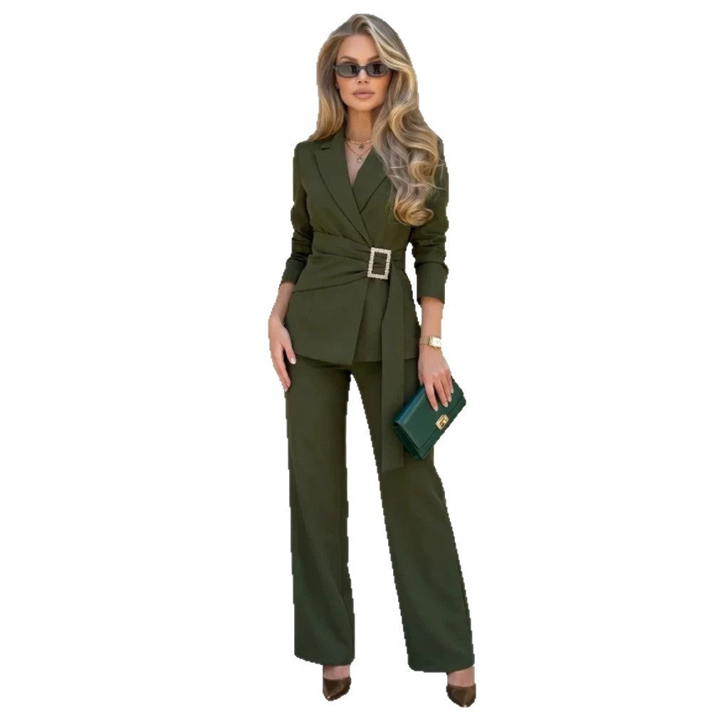 Ladies fitted wrap blazer with pearl belt buckle and slim suit trousers Mune Fashion