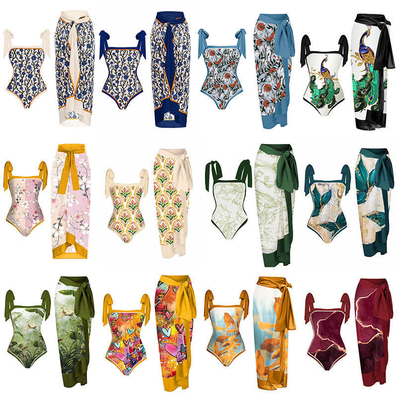 Women's Swimwear Set with Floral Swimsuit and Matching Maxi Skirt Mune Fashion